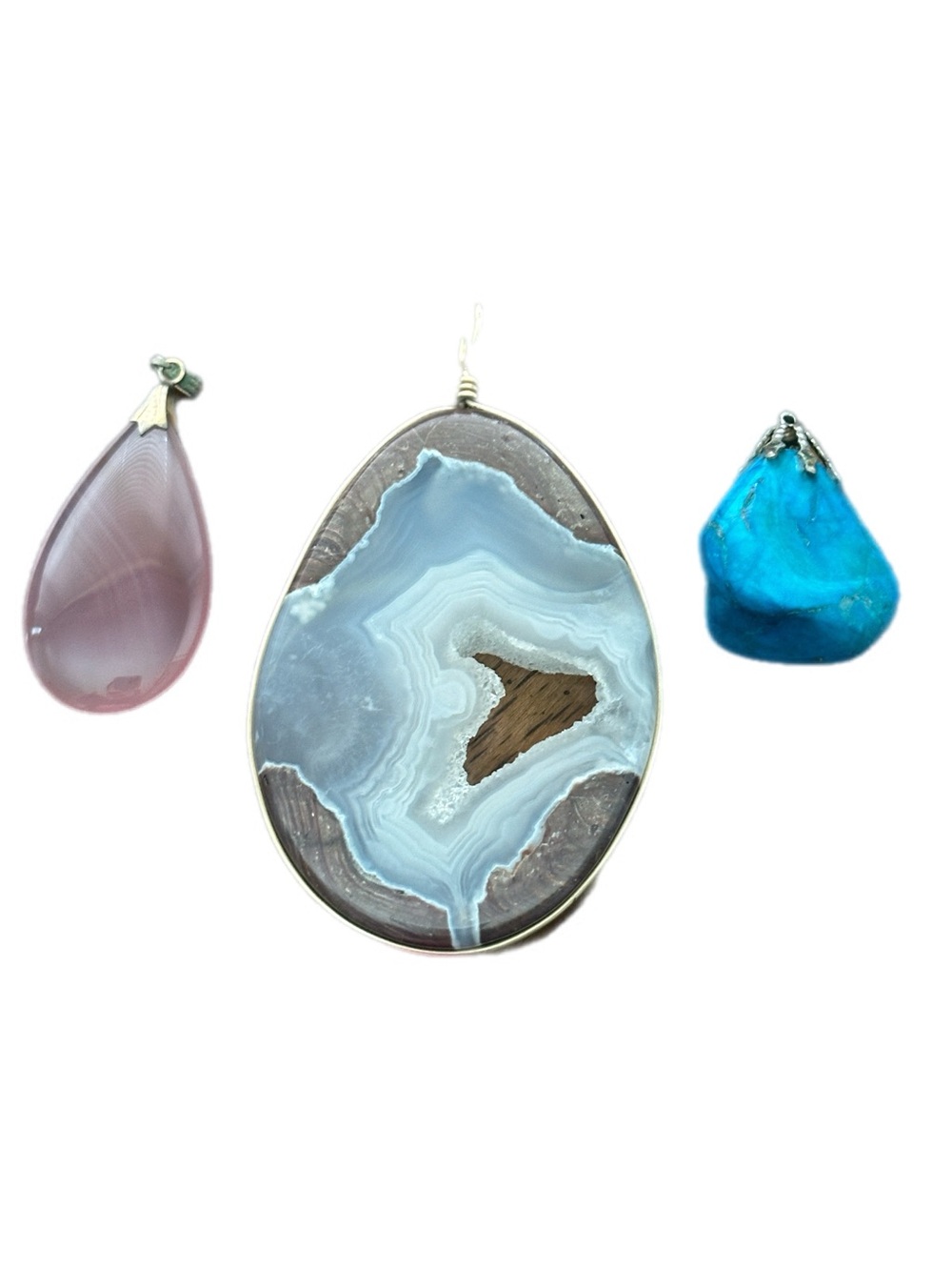 3 pendants-Natural Agate Slice- Pink- Blue stones